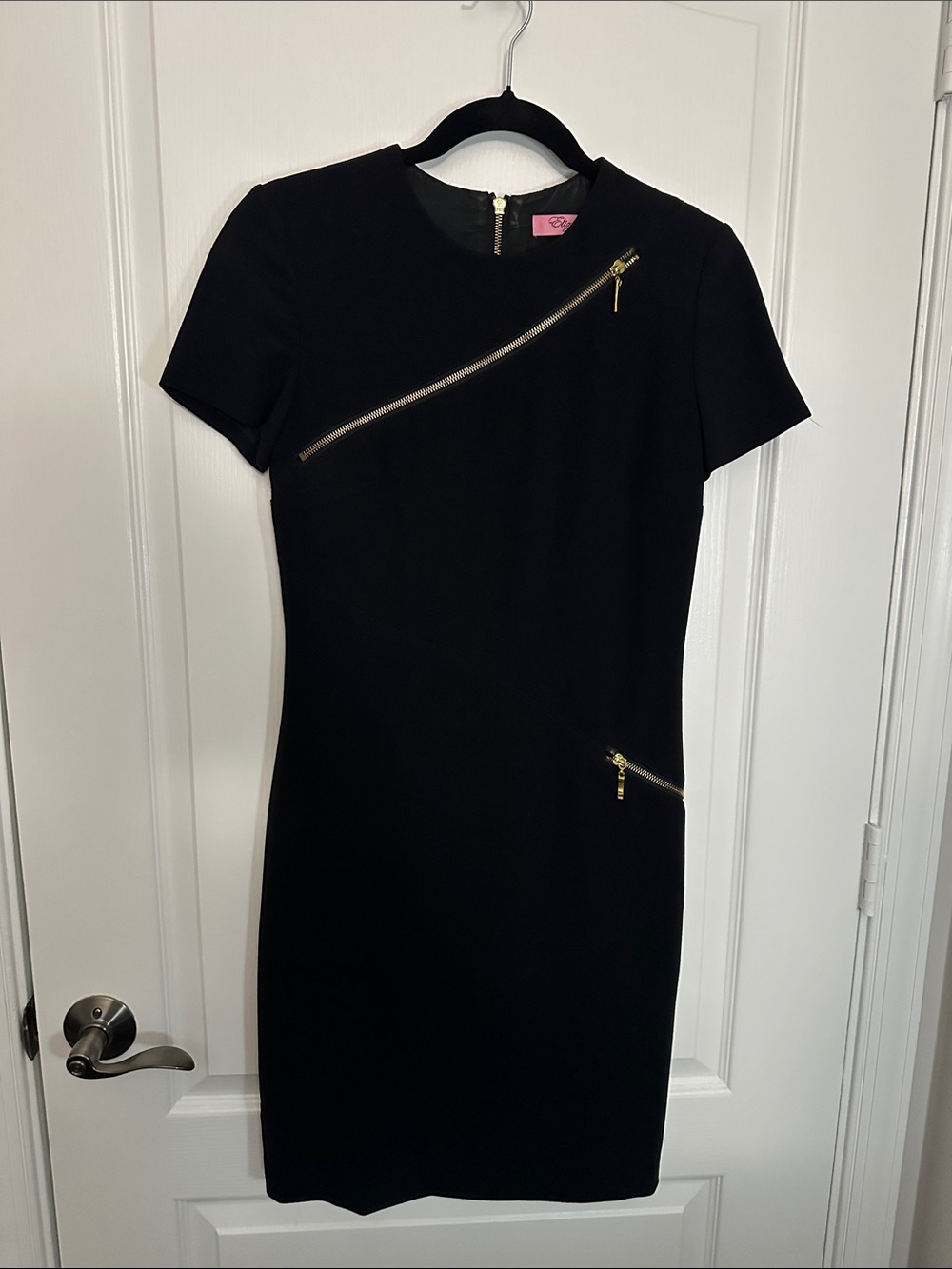 Eliza J New York - Black Short-Sleeve Sheath Dress with Gold Zippers